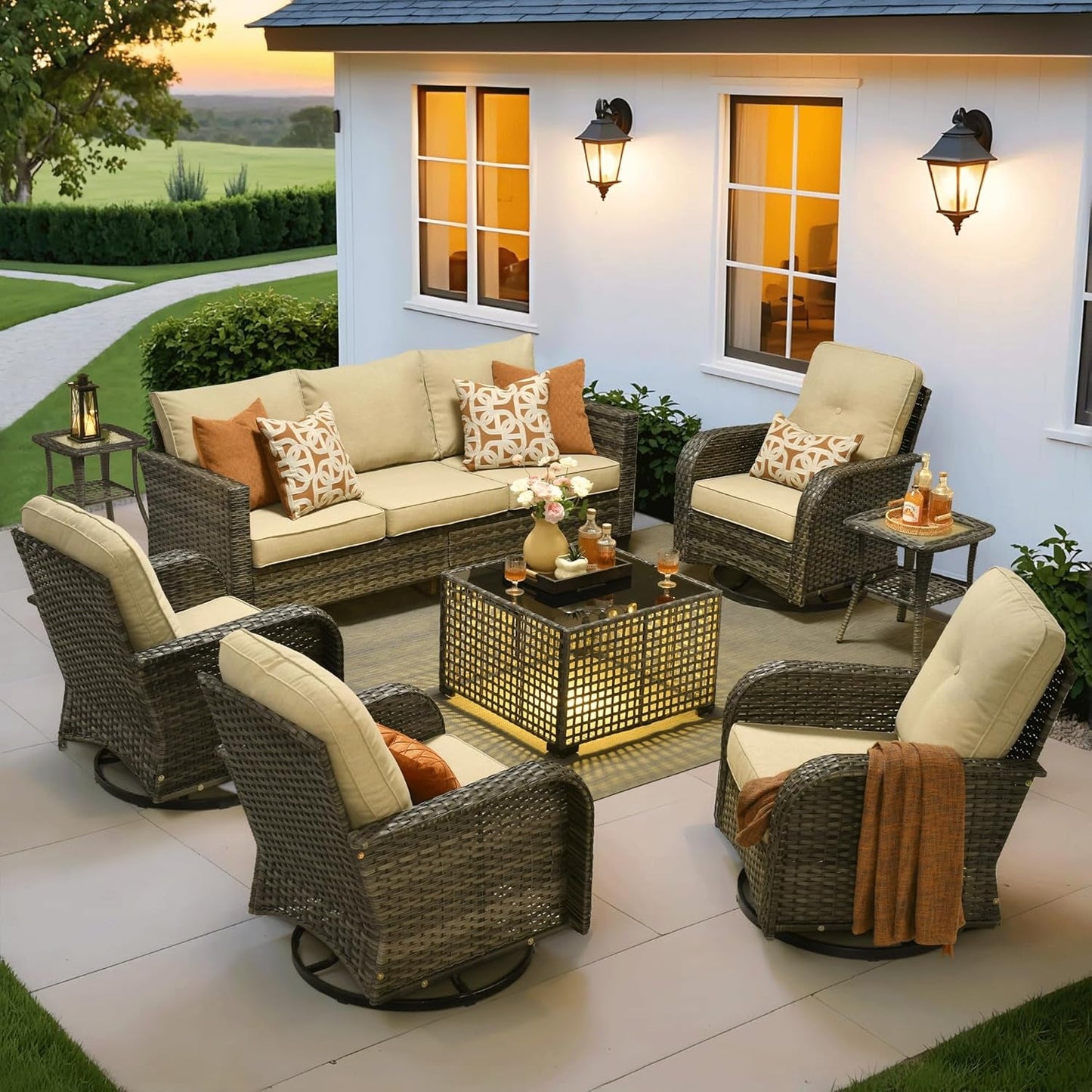Modern Outdoor Wicker Furniture Set with Swivel Rocking Chairs