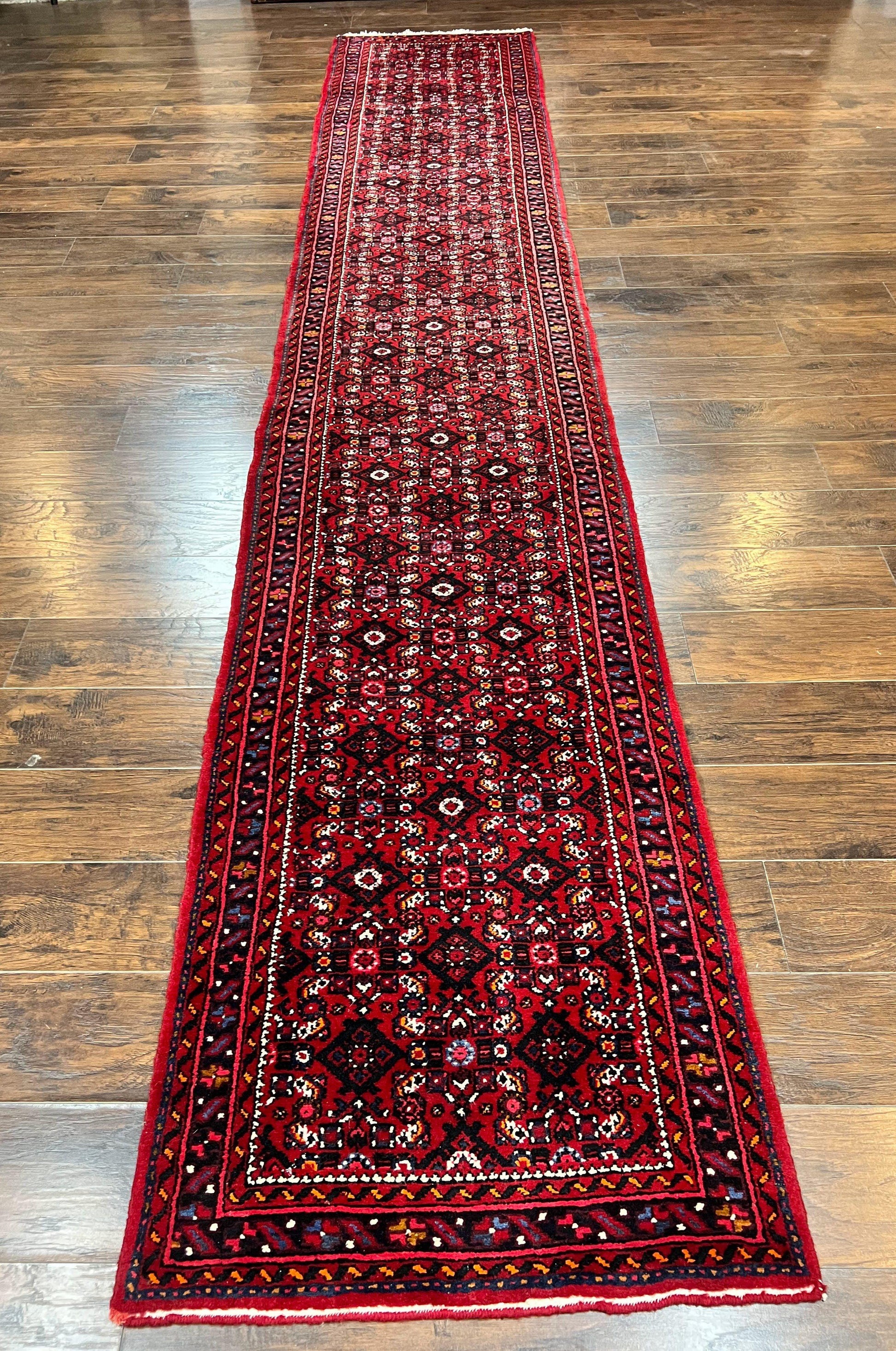 Persian Runner Rug 3 x 16, Wool Handmade Long Antique Hamadan Oriental Rug for Hallway, Red Tribal Rug, Allover Pattern, 3x16 Runner Rug-0
