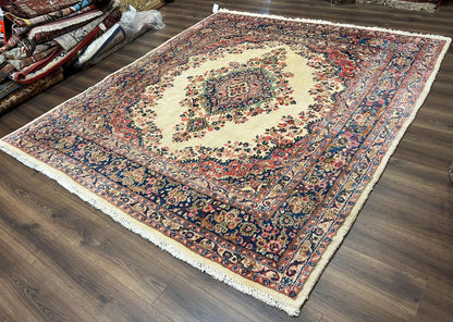 Persian Rug 9x10, Hamadan Rug, Antique Oriental Carpet, Wool Rug, Semi Open Field, Cream and Navy Blue, Kirman Design Hand Knotted Almost Square Rug-1