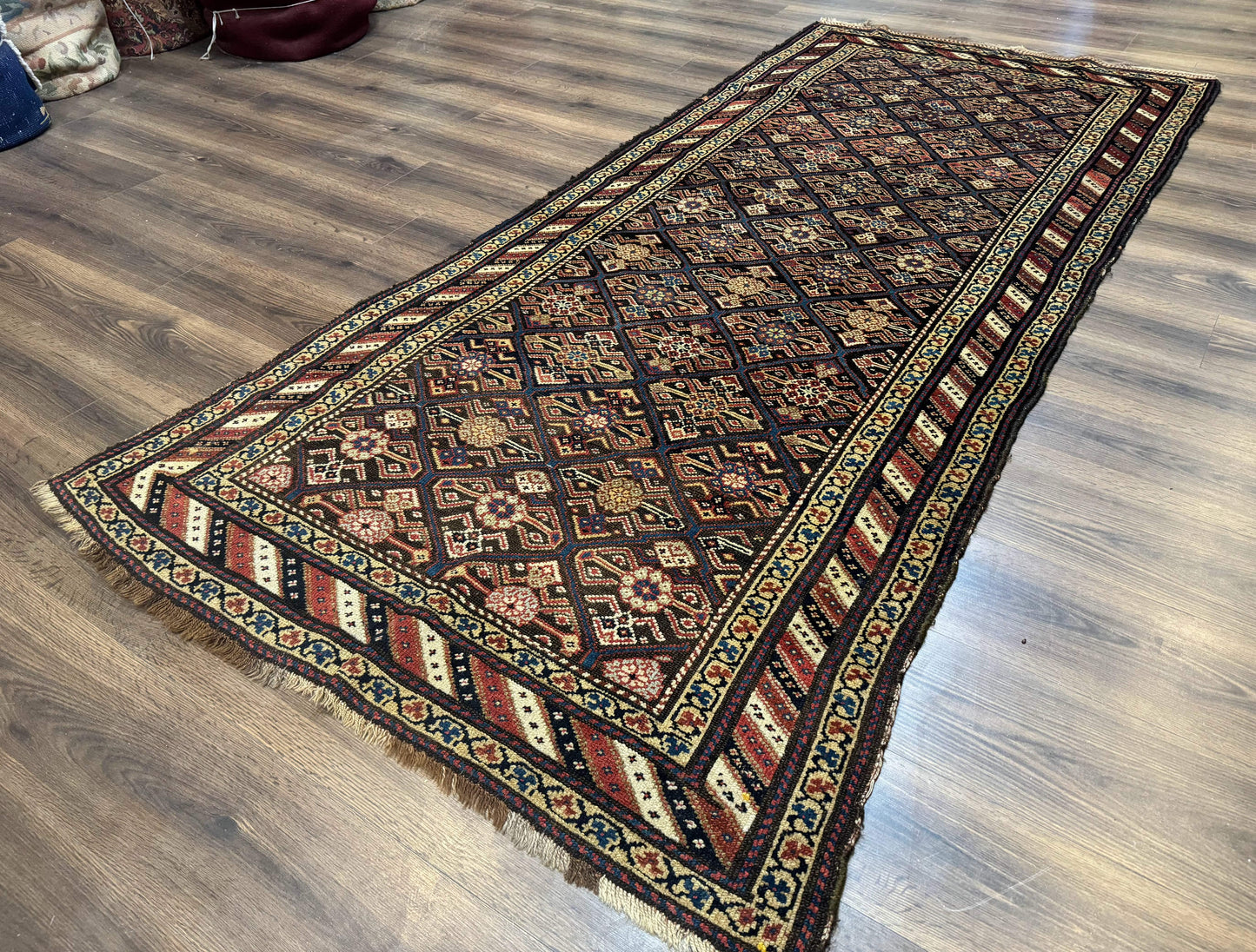 Antique Persian Wide Runner Rug 4x9, Kurdish Rug, Panel Design, Rainbow Border, Rare Tribal Rug