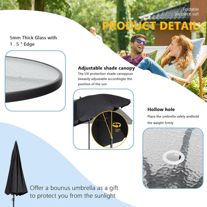 6 Piece Patio Dining Set with Umbrella, Outdoor Furniture Set with 4 Folding Chairs and Tempered Glass Top Dining Table Fot Lawn Backyard Garden Porch Black-3