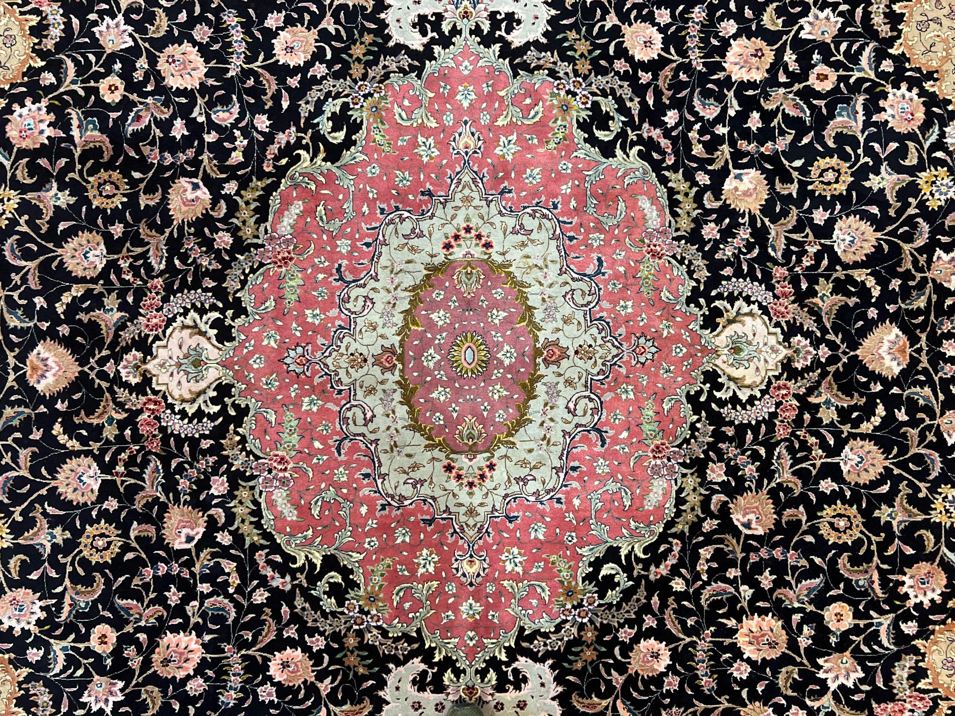 Magnificent Persian Tabriz Rug 11x16, Oversized Persian Carpet 11 x 16 ft, Wool on Silk Finely Hand Knotted, 450 KPSI, Floral Medallion, Black Pink-3
