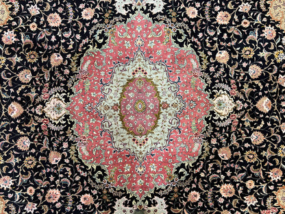 Magnificent Persian Tabriz Rug 11x16, Oversized Persian Carpet 11 x 16 ft, Wool on Silk Finely Hand Knotted, 450 KPSI, Floral Medallion, Black Pink-3