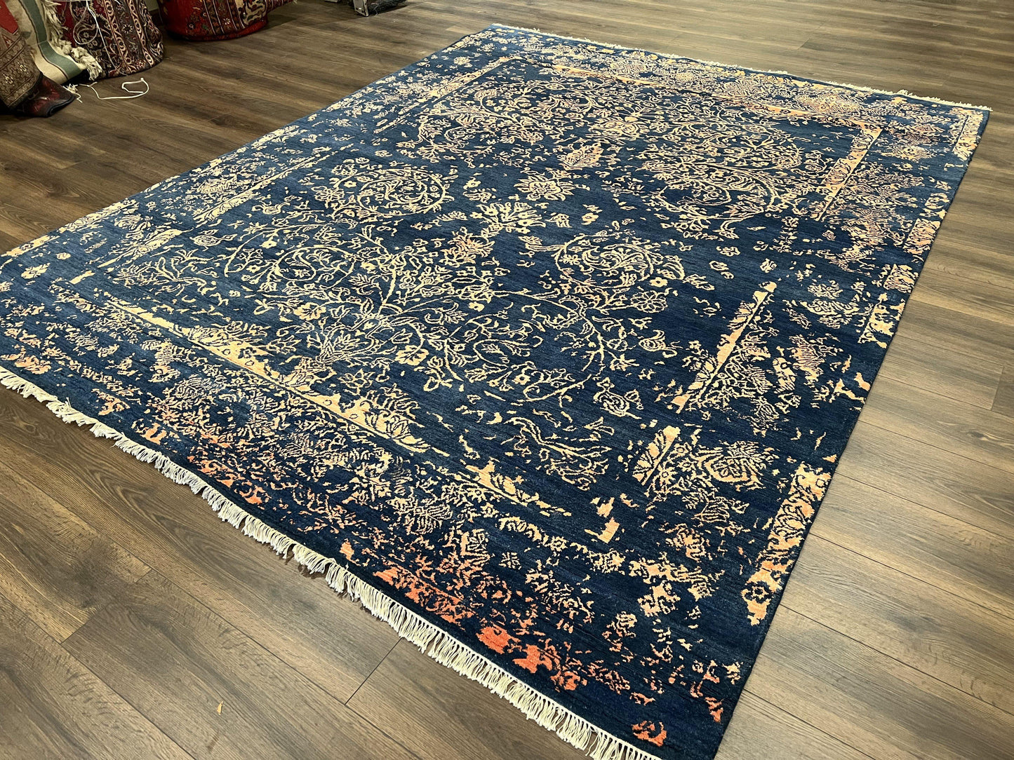 Area Rug 8x10 High Quality Handmade Oriental Carpet, Modern Contemporary Rug, Rug for Living Room, Wool Rug, Blue and Gold, Pakistani Rug