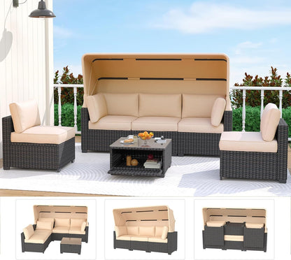 Outdoor Daybed with Canopy,6 Pieces Patio Furniture Sets Adjustable Backrest PE Gradient Wicker Sectional Furniture Set with Tempered Glass Side Table