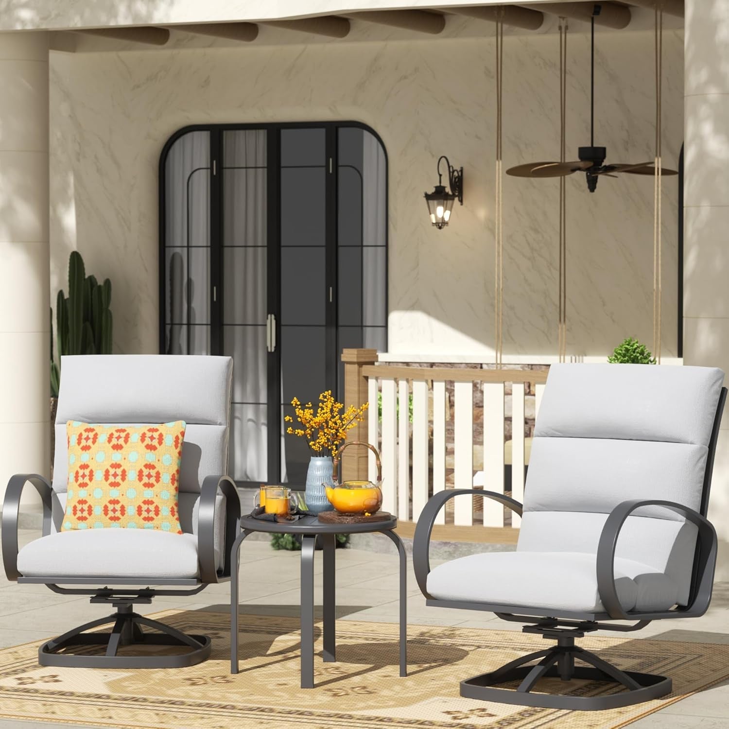 Patio Bistro Set, 3 Piece Outdoor Swivel Glider Rocking Chairs, Conversation Furniture with 2 Highback Rockers, 1 Metal Table and 5" Cushion for Backyard,Porch,Poolside,350Lb.-1