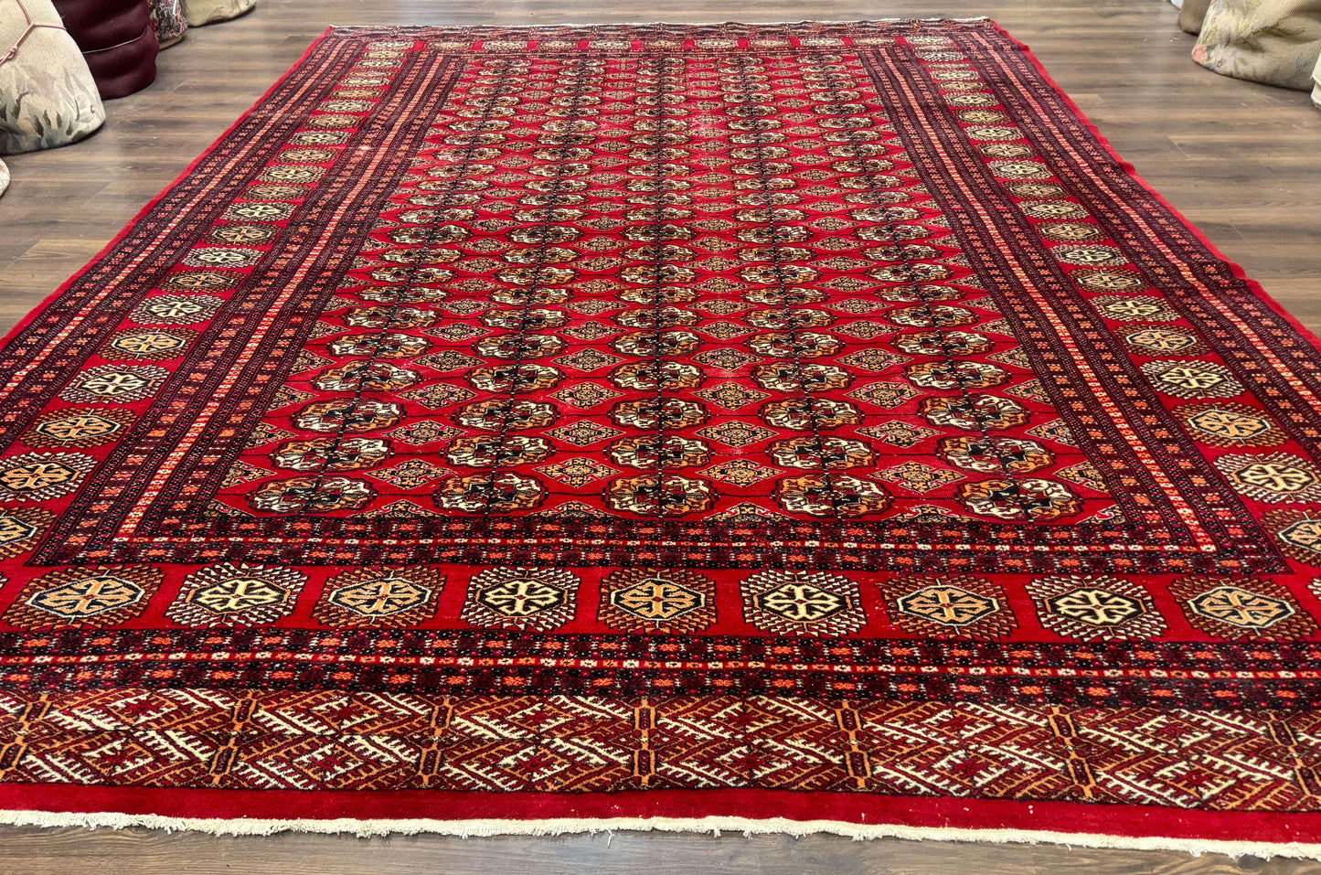 Bokhara Rug 9x12, Red Turkoman Rug, Pakistani Rug, Tribal Carpet, Wool Rug, Red Rug
