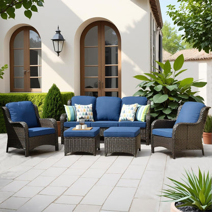 5-Pieces Patio Furniture Set, Outdoor Wicker Sofa Couch with Chairs Ottomans Comfy Cushions, All Weather Modern High Back Conversation Set, Brown Rattan, Navy Blue-0
