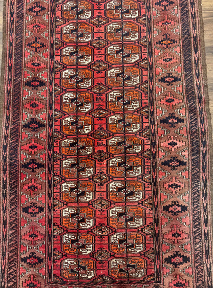 Antique Turkoman Rug 3.7 x 6.7, Red, Wool Runner Rug-3