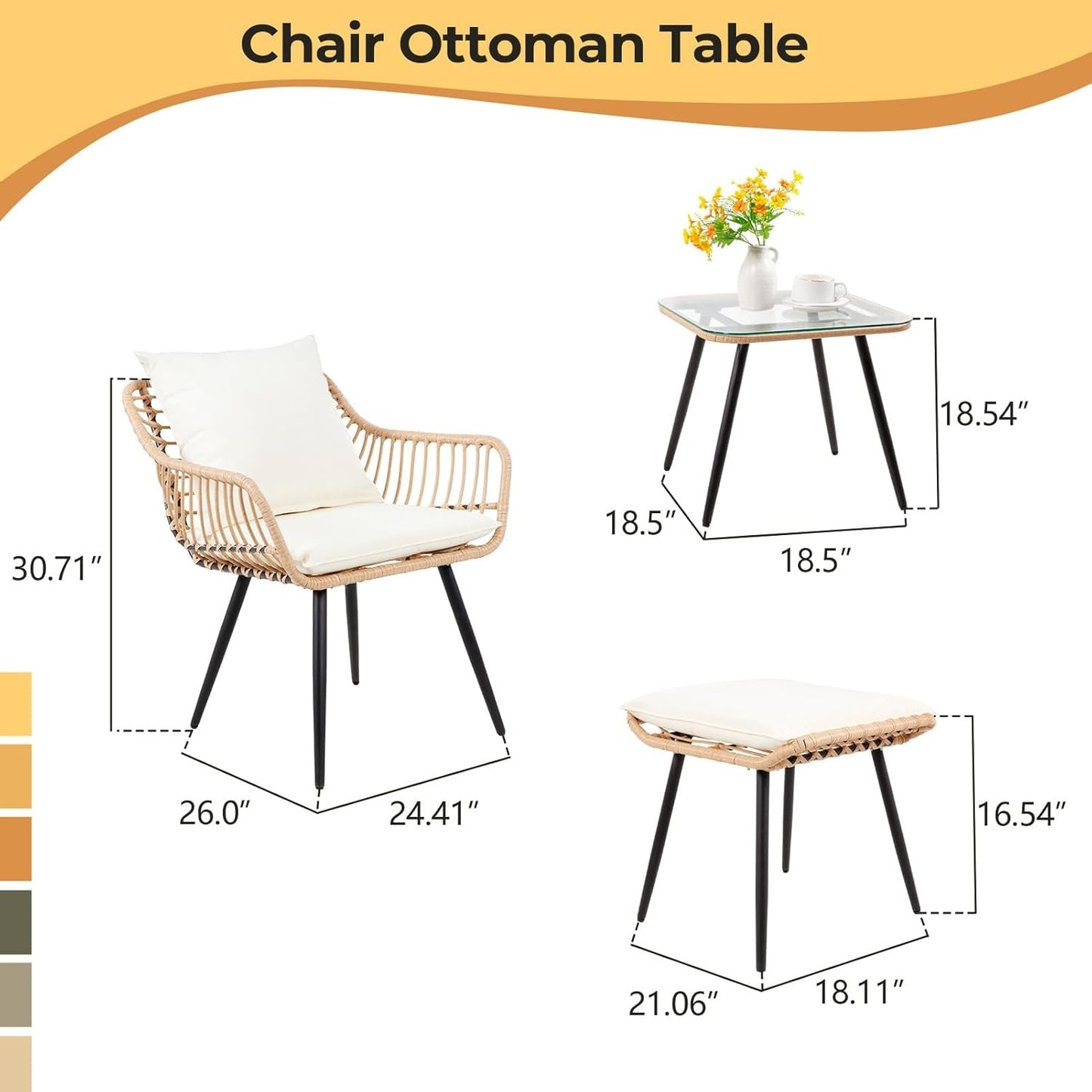 5 Piece Patio Bistro Set with Ottoman, Outdoor Wicker Apartment Balcony Furniture Sets, Rattan Table and Chairs Set of 2 for Porch Backyard Lawn Poolside Deck (Yellow/Beige)-4