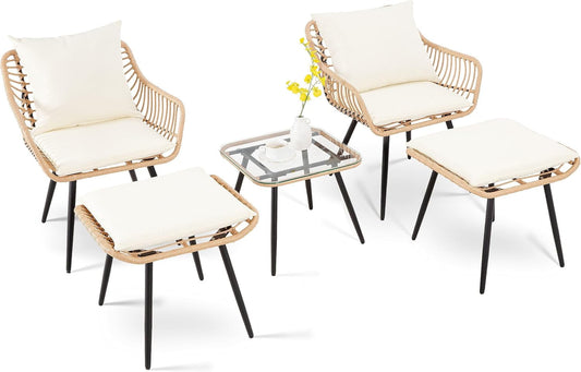 5 Pieces Patio Conversation Bistro Set, Outdoor Wicker with Ottoman,Table & Cushions,All-Weather Wicker Furniture Set for Porch, Backyard, Balcony, Garden-0