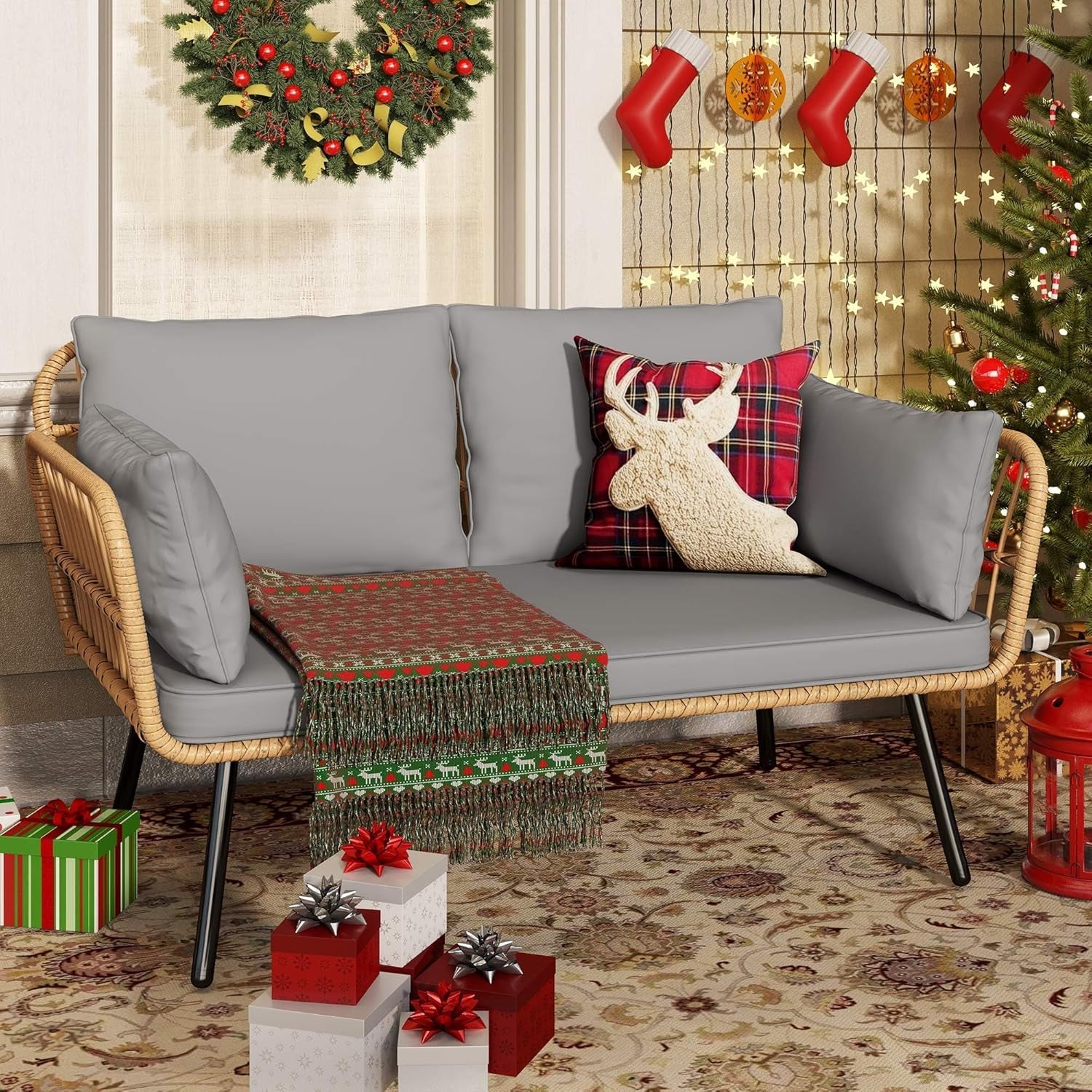 Patio Loveseat, All-Weather Wicker Rattan 2 Seater Sofa with Cushions & Lumbar Pillows, Outdoor Patio Furniture Set for Patio, Balcony, Backyard, Deck, Poolside - Grey-2