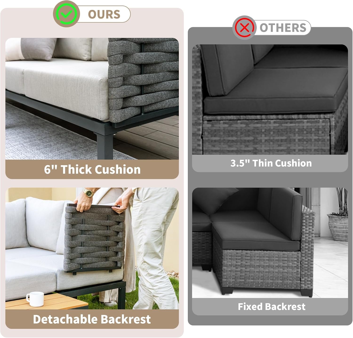 8 Pieces Patio Furniture Set Convertible Outdoor Furniture Set W/ 6" Ultra Thick Cushions and 2 Coffee Tables, All-Weather Sectional Sofa Couch, Beige-2