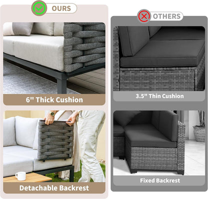 8 Pieces Patio Furniture Set Convertible Outdoor Furniture Set W/ 6" Ultra Thick Cushions and 2 Coffee Tables, All-Weather Sectional Sofa Couch, Beige-2