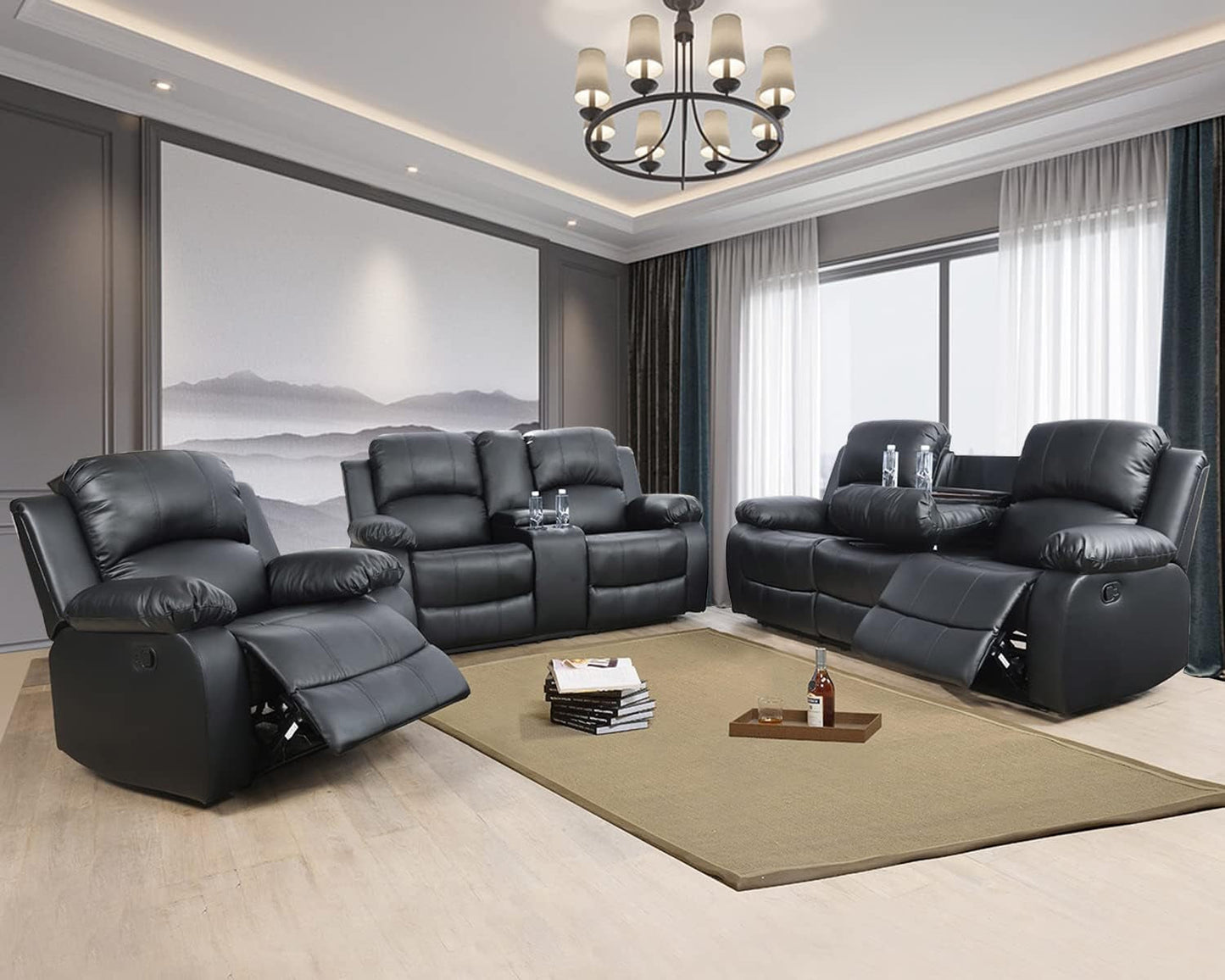 Manual Recliner Sofa Set, Bonded Leather Sofa Set Living Room Furniture, Reclining Sofa Set Leather Recliner Couch with Cup Holder/Storage Console for Living Room (3 Pieces Couch Set,Black)-0