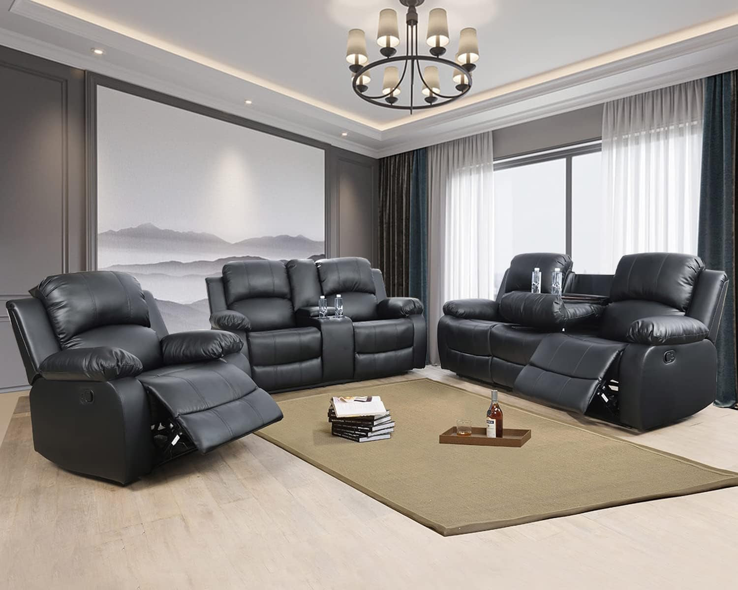 Manual Recliner Sofa Set, Bonded Leather Sofa Set Living Room Furniture, Reclining Sofa Set Leather Recliner Couch with Cup Holder/Storage Console for Living Room (3 Pieces Couch Set,Black)-0