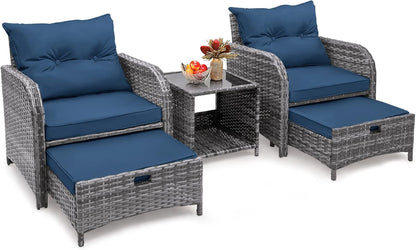 5 Pieces Wicker Outdoor Patio Chairs Set with Ottoman, All Weather PE Rattan Patio Conversation Furniture Set Outdoor Furniture Set with Hidden Ottoman for Poolside Garden Balcony, Blue