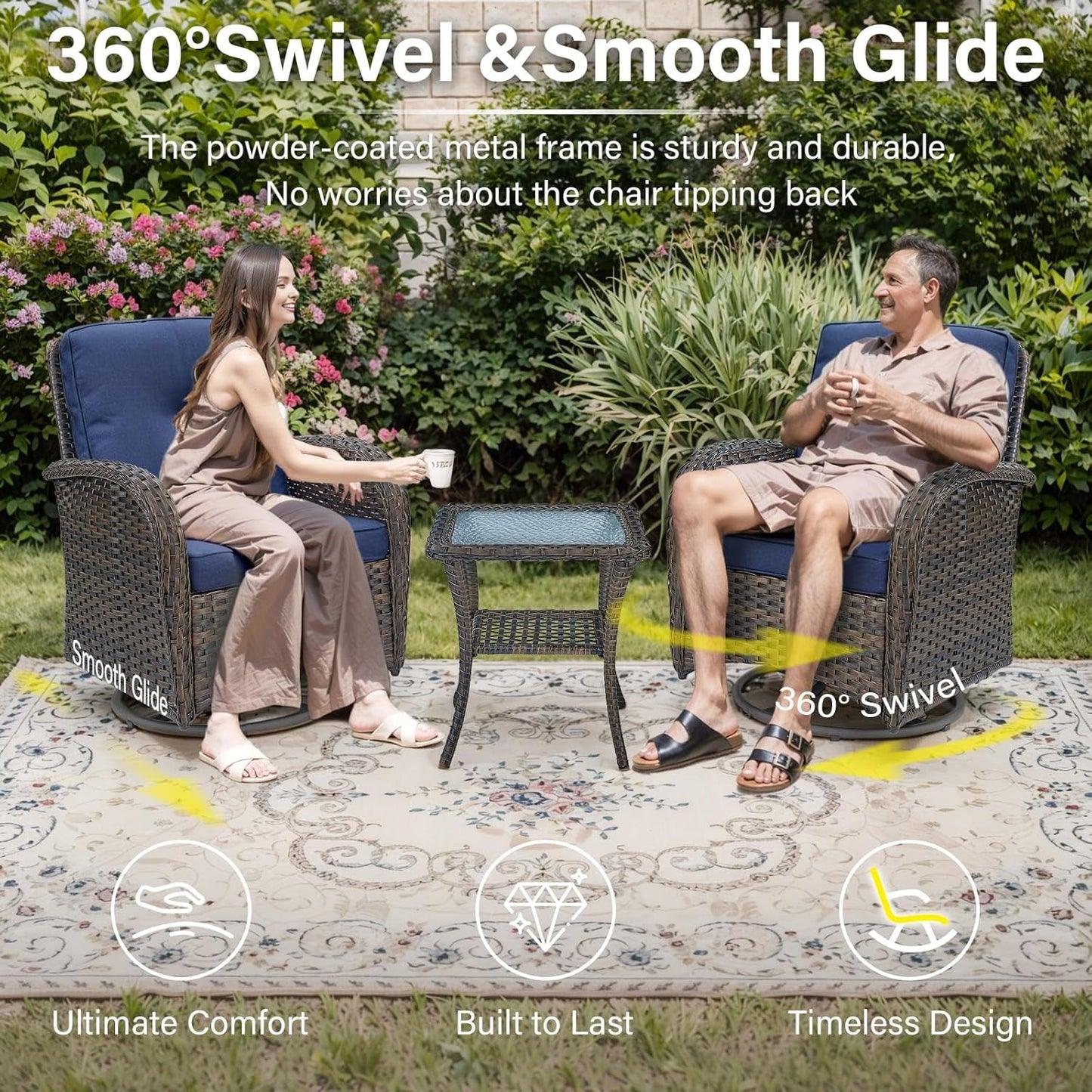 7 Pieces Patio Furniture Set with Fire Pit Table - 4 Outdoor Swivel Rocker Chairs with 50000BTU Propane Fire Table and 2 Side Table, Outdoor Conversation Set for Casual Gathering-2