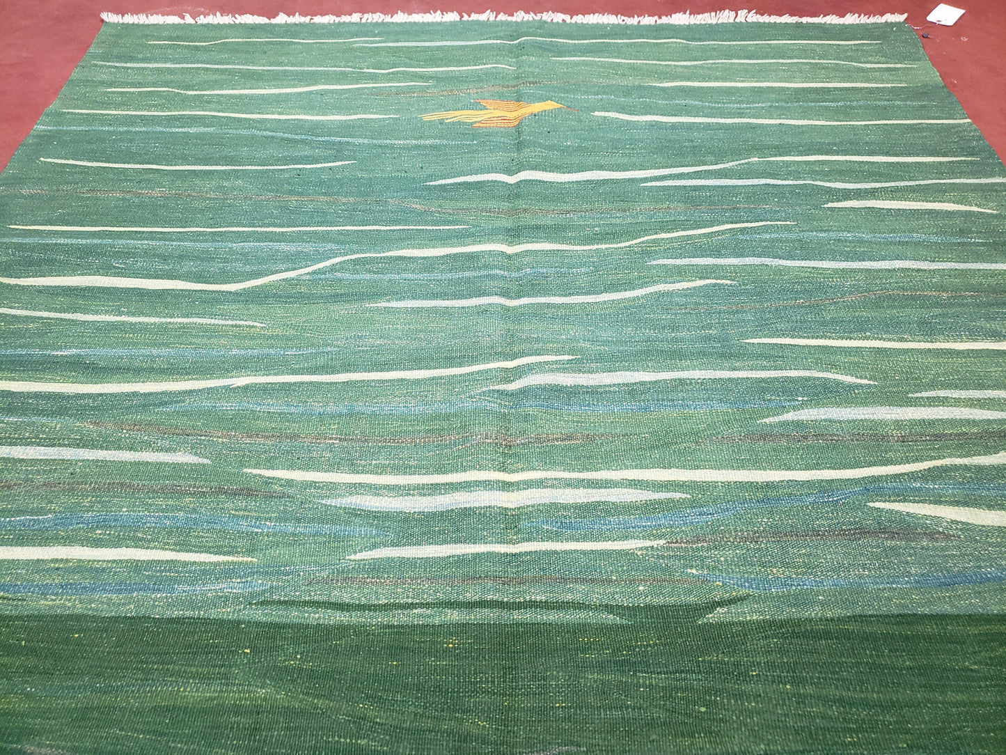 Green Turkish Kilim Rug, 6x9 - 7x10 Rugs, Bird, Handmade New Area Rug, Wool, Bohemian Boho Decor, Hand Woven, Modern Abstract Flat Weave Rug