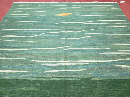 Green Turkish Kilim Rug, 6x9 - 7x10 Rugs, Bird, Handmade New Area Rug, Wool, Bohemian Boho Decor, Hand Woven, Modern Abstract Flat Weave Rug