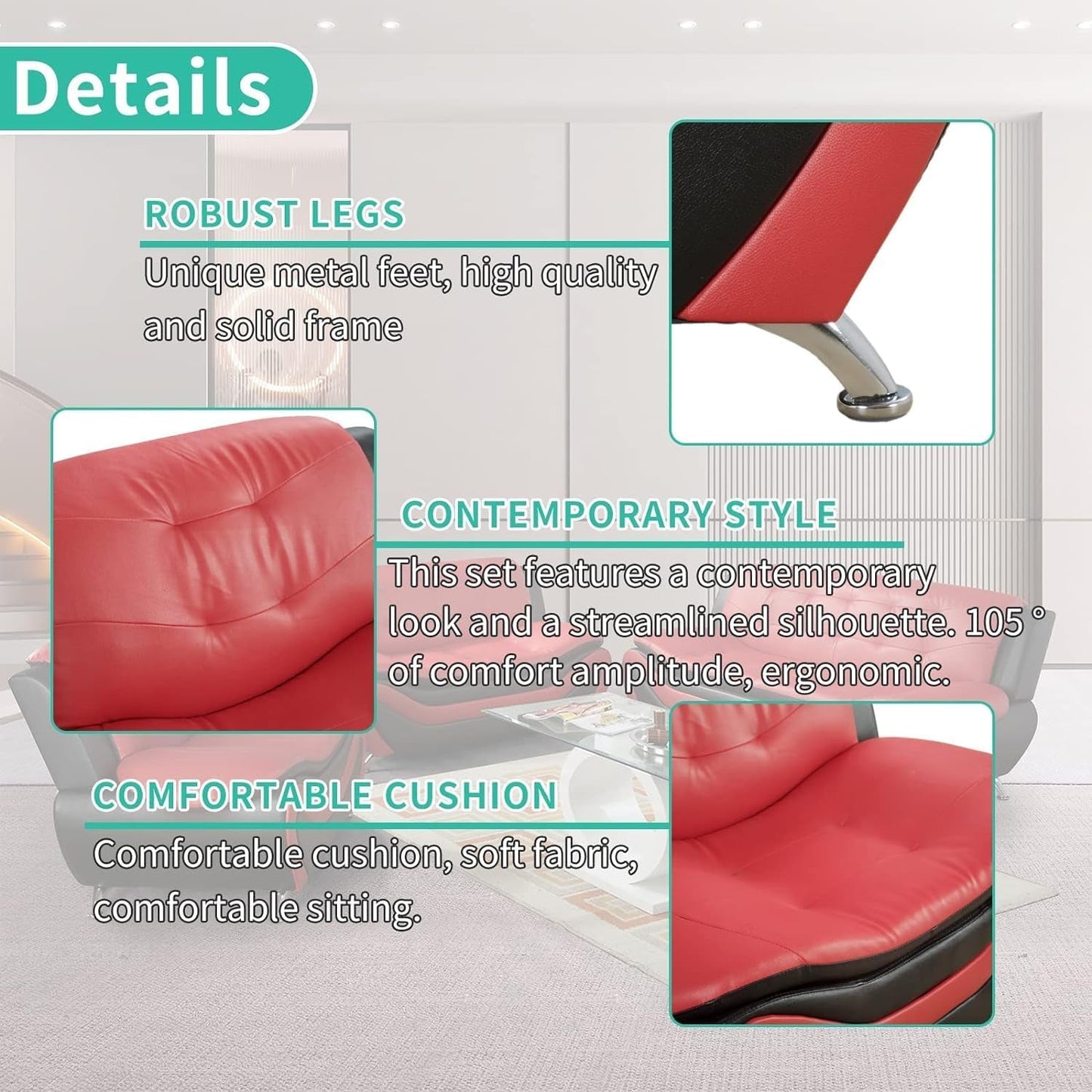 Contemporary Living Room Furniture Set, Faux Leather Sofa Set for Living Room/House/Bedroom/Office/Apartment (Red/Black, Sofa,Loveseat)-3