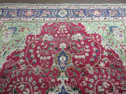 Persian Tabriz Rug 7x10, Red Blue and Green Rug, Allover Floral Medallion Rug, Hand Knotted Rug, Antique Rug 7 x 10 Vintage Wool Oriental Carpet