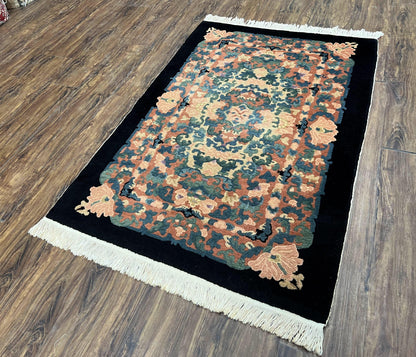 Chinese Art Deco Rug 3x5, Black and Beige Chinese Carpet 3 x 5, Vintage Rug, 1950s Rug, Floral Rug, Handmade Rug, Art Deco Rug, Wool Rug