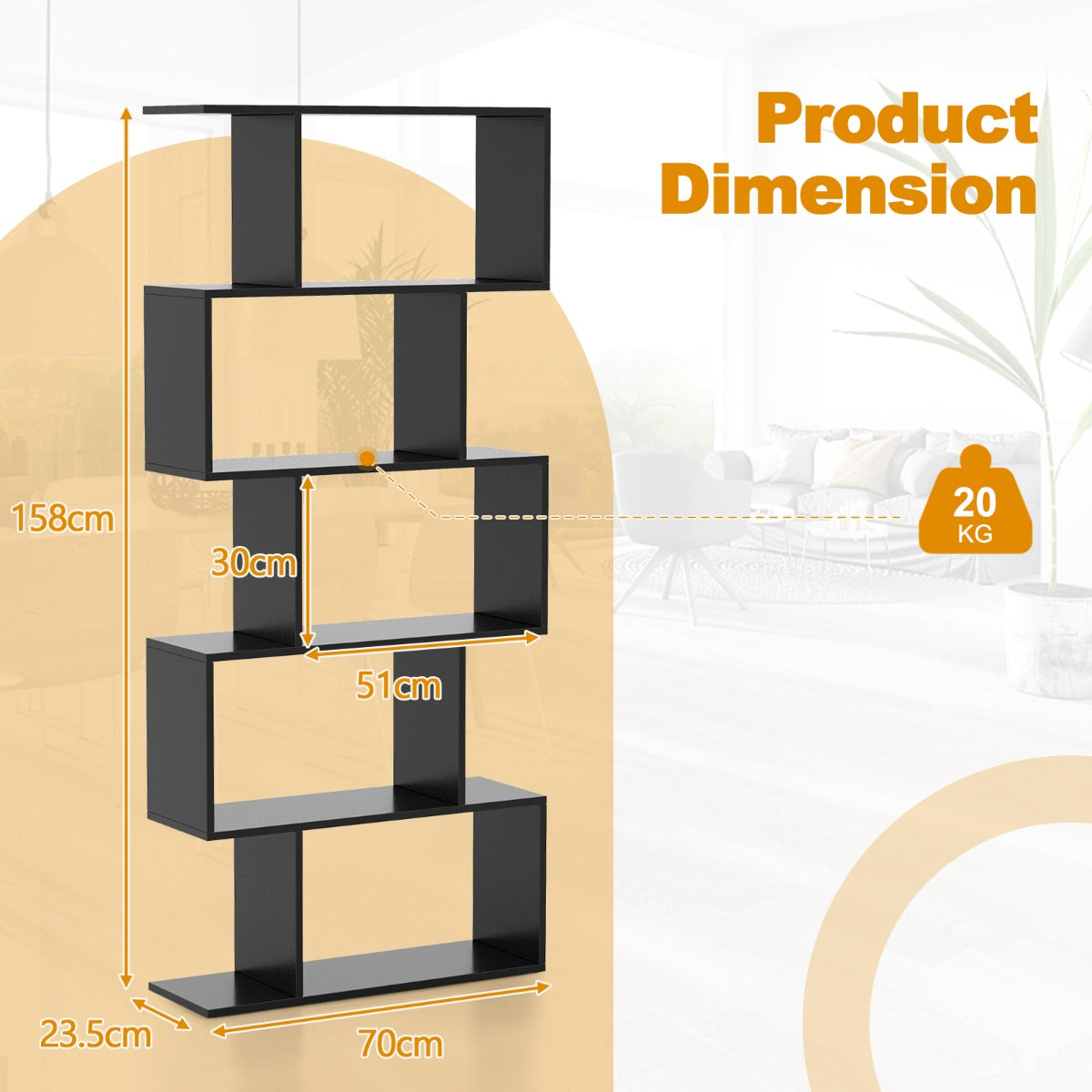 NNECW Geometric S-Shaped Bookcase with Anti-Toppling Device for Living Room/ Home/ Office