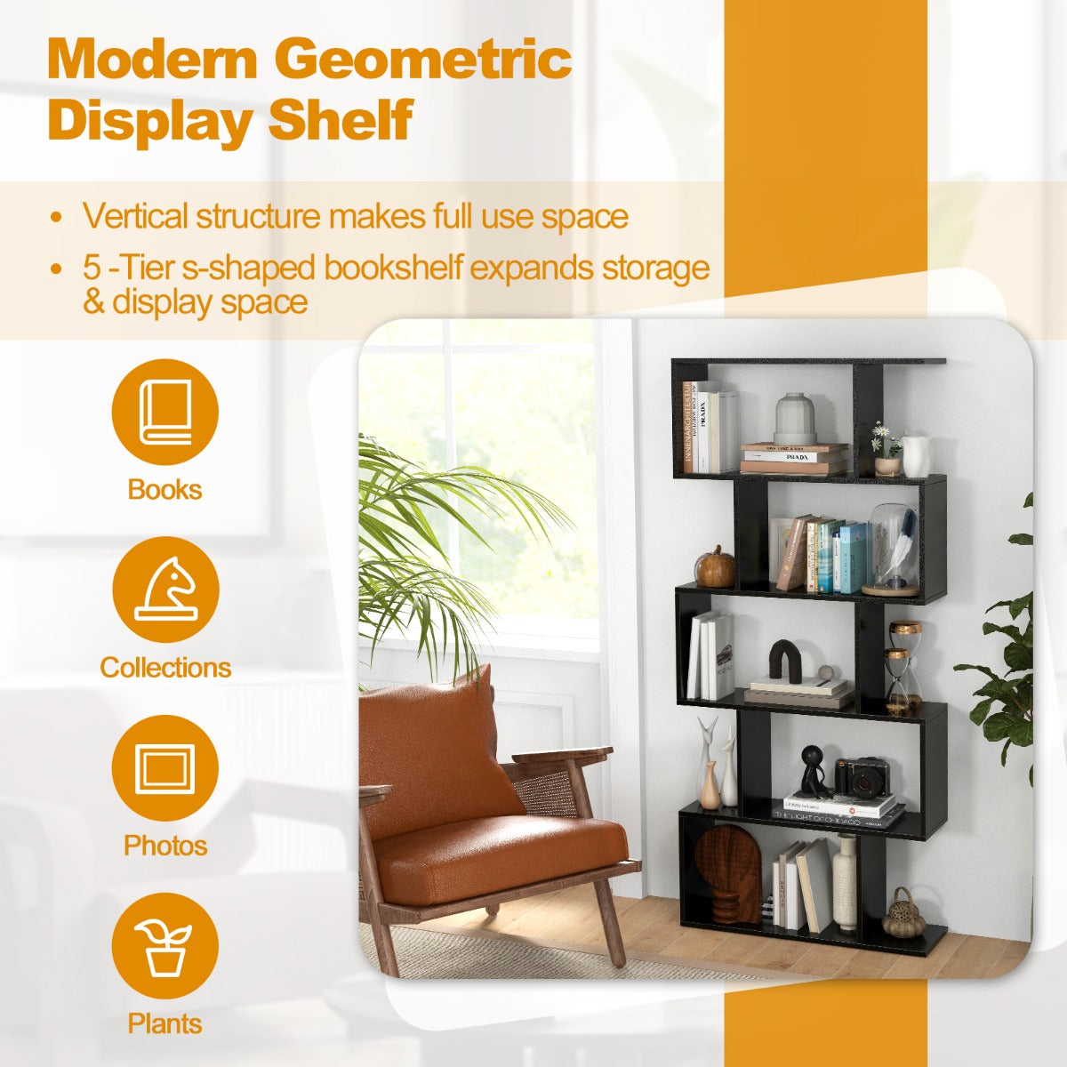 NNECW Geometric S-Shaped Bookcase with Anti-Toppling Device for Living Room/ Home/ Office