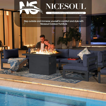 ® Modern Large Grey Aluminum Outdoor Patio Furniture Set with Propane/Natural Gas Fire Pit Table, 29'' Deep Wide Seating Conversation Sofa L Shaped Sectional Couch Set (6 Pieces, 5 Seats)-4