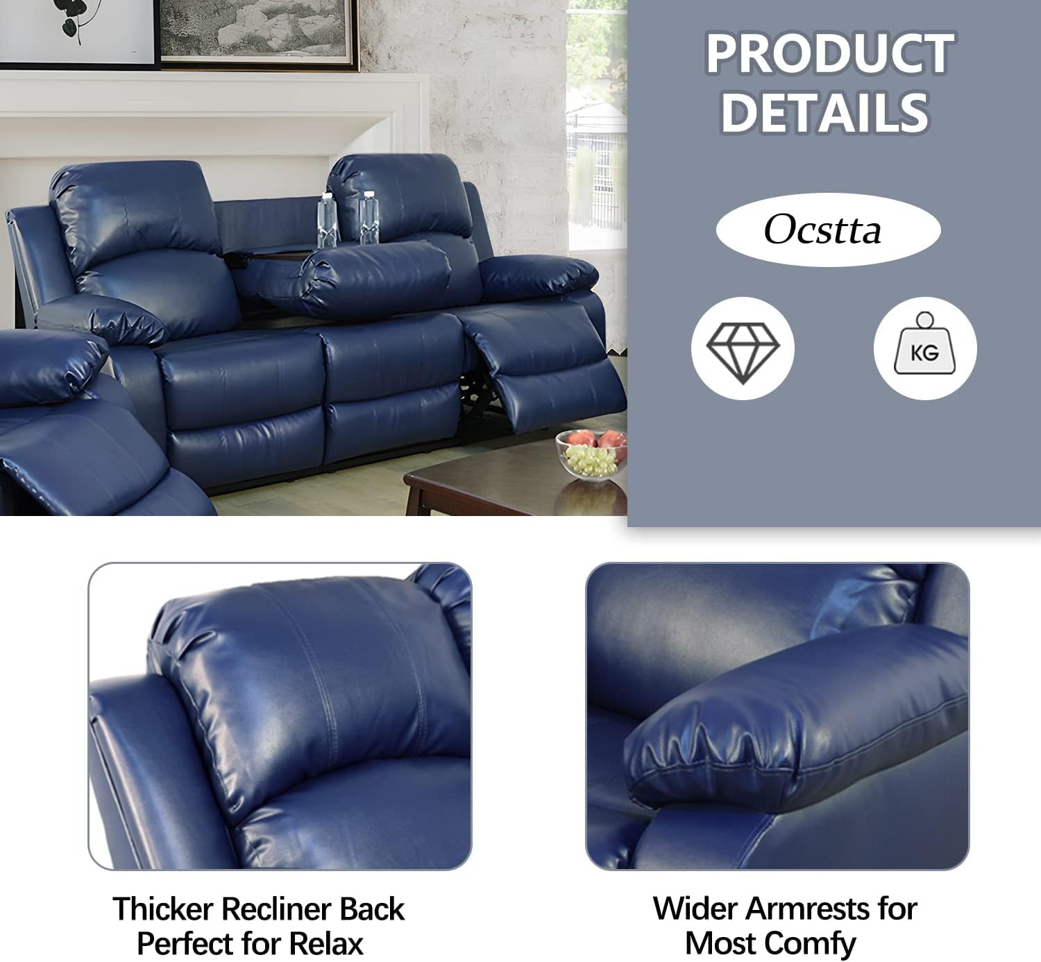 Manual Leather Recliner Sofa Set for Living Room Furniture Set,Leather Recliner Couch Set for Home/Office,Leather Couch Set for 3-Pieces(Sofa+Loveseat+Chair) Blue-3