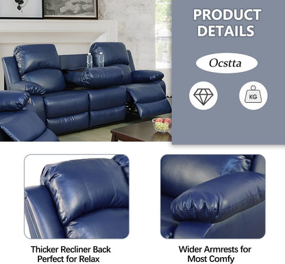 Manual Leather Recliner Sofa Set for Living Room Furniture Set,Leather Recliner Couch Set for Home/Office,Leather Couch Set for 3-Pieces(Sofa+Loveseat+Chair) Blue-3