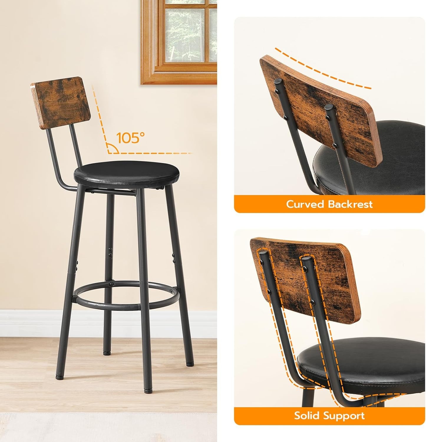 Bar Stools, Bar Stools Set of 2 with PU Upholstered, Bar Chairs with Footrest and Back, 26" Bar Stools for Kitchen Island, Dining Room, Easy to Assemble, Rustic Brown and Black BF31BY01G1-4