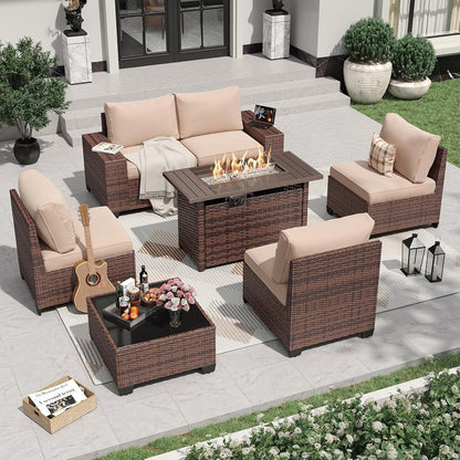 7 Piece Outdoor Wicker Furniture Set with Fire Pit