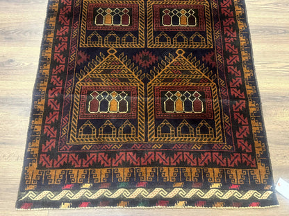 Afghan Rug 3x7, Navy Blue, Tribal Rug, Balouch Carpet, New-3