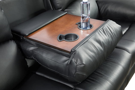 Black Vegan Leather 3-Seater Reclining Sofa Table, Cup Holders
