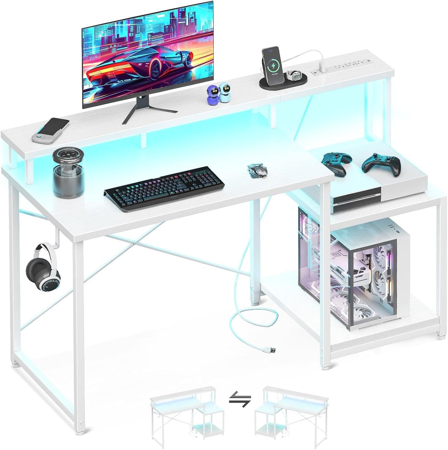 Computer Desk, 48 Inch Gaming Desk with Led Lights & Power Outlet, Office Desk with Printer Storage Shelves, Reversible Desk with Monitor Shelf & Headphone Hook, White