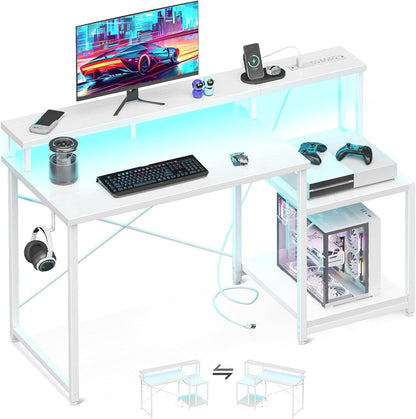 Computer Desk, 48 Inch Gaming Desk with Led Lights & Power Outlet, Office Desk with Printer Storage Shelves, Reversible Desk with Monitor Shelf & Headphone Hook, White