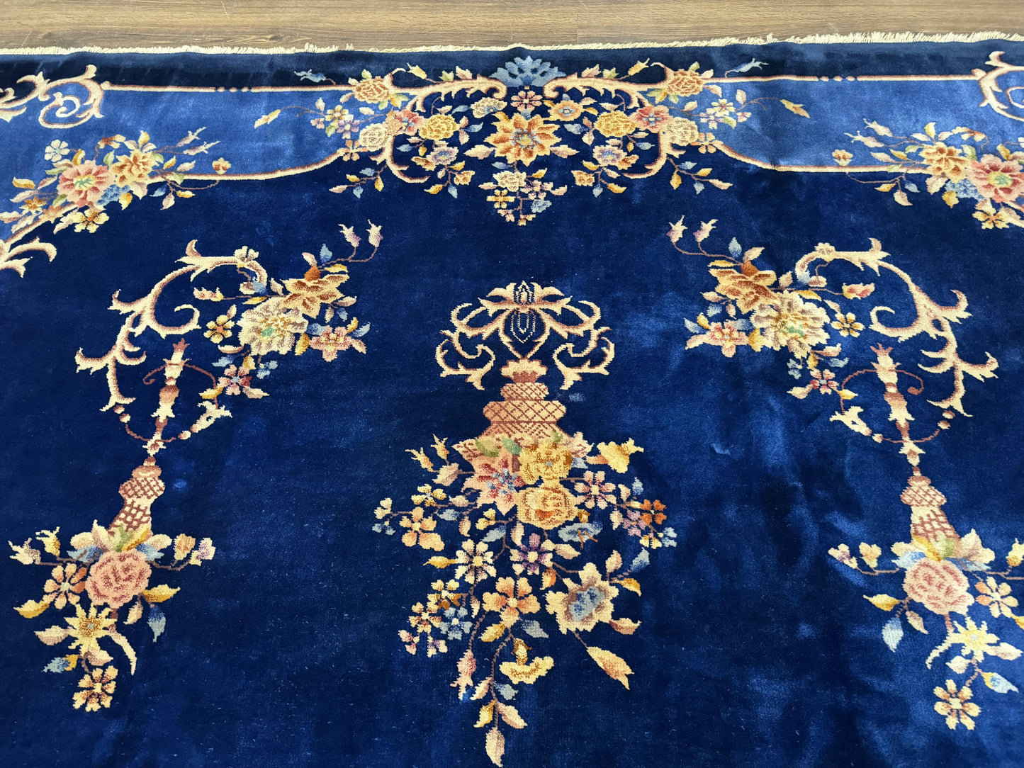 Blue Chinese Art Deco Rug 9x12, Vintage Antique Chinese Wool Rug, Chinese Fette Rug