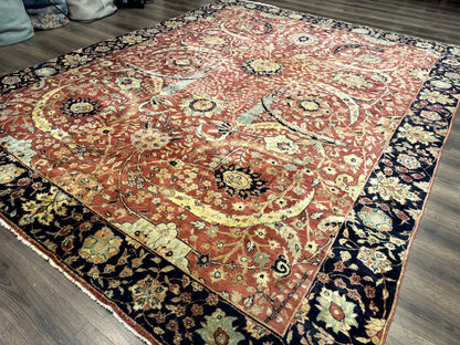 Indian Agra Rug 9x11, Terracotta and Navy Blue, Sickle Leaf Rug-1