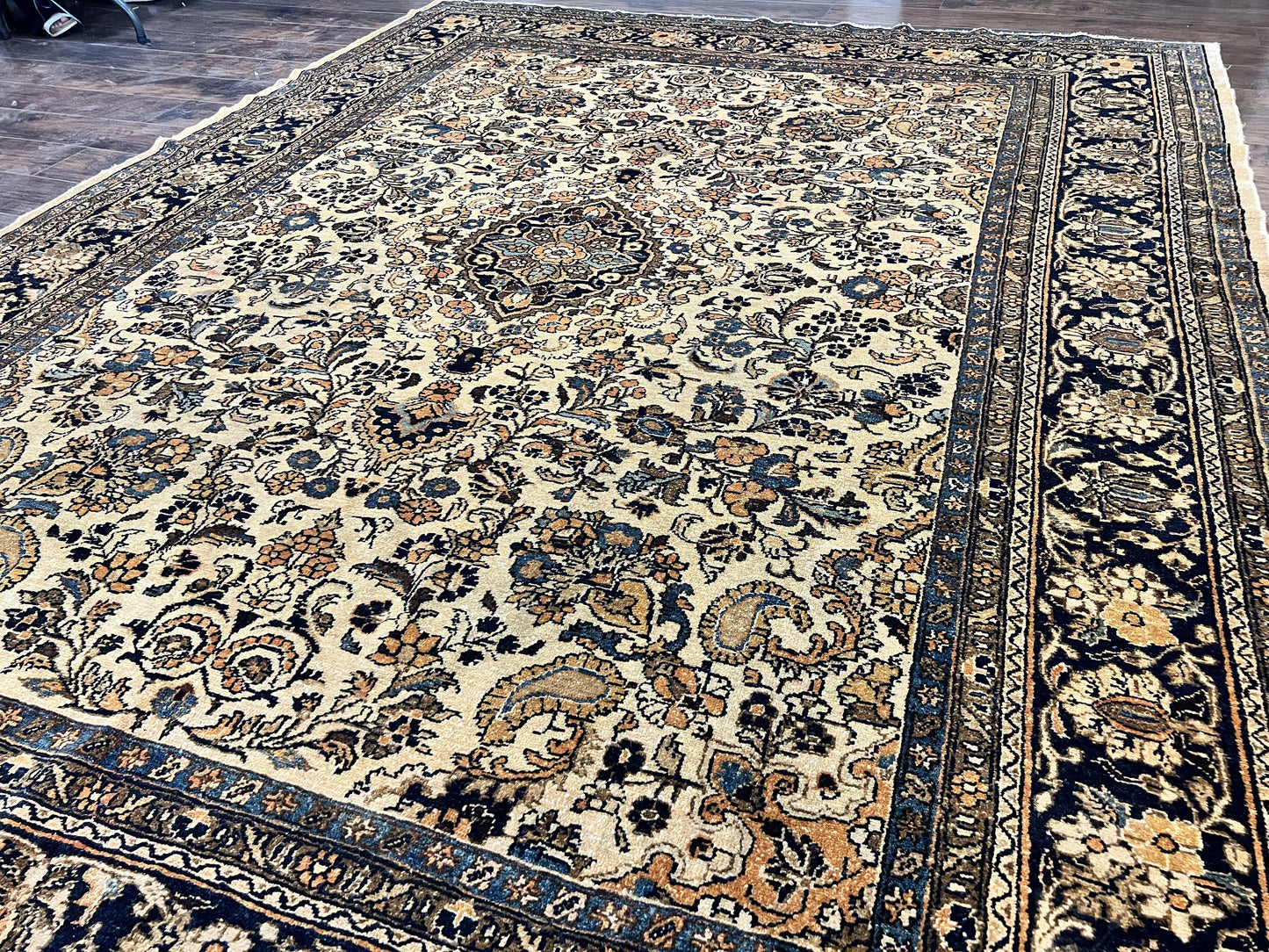 Antique Persian Rug 9x11, Wool Handmade 1920s Oriental Carpet, Persian Hamadan Anjelas Rug, Cream Black, Floral Allover Oriental Rug 9 x 11 Room Sized Rug-1