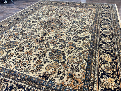 Antique Persian Rug 9x11, Wool Handmade 1920s Oriental Carpet, Persian Hamadan Anjelas Rug, Cream Black, Floral Allover Oriental Rug 9 x 11 Room Sized Rug-1