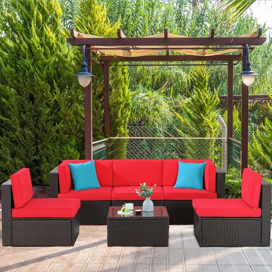 6 Pieces Patio Furniture Sets Outdoor All-Weather Sectional Patio Sofa Set PE Rattan Manual Weaving Wicker Patio Conversation Set with Glass Table&Ottoman Cushion and Red Pillows, Red-0