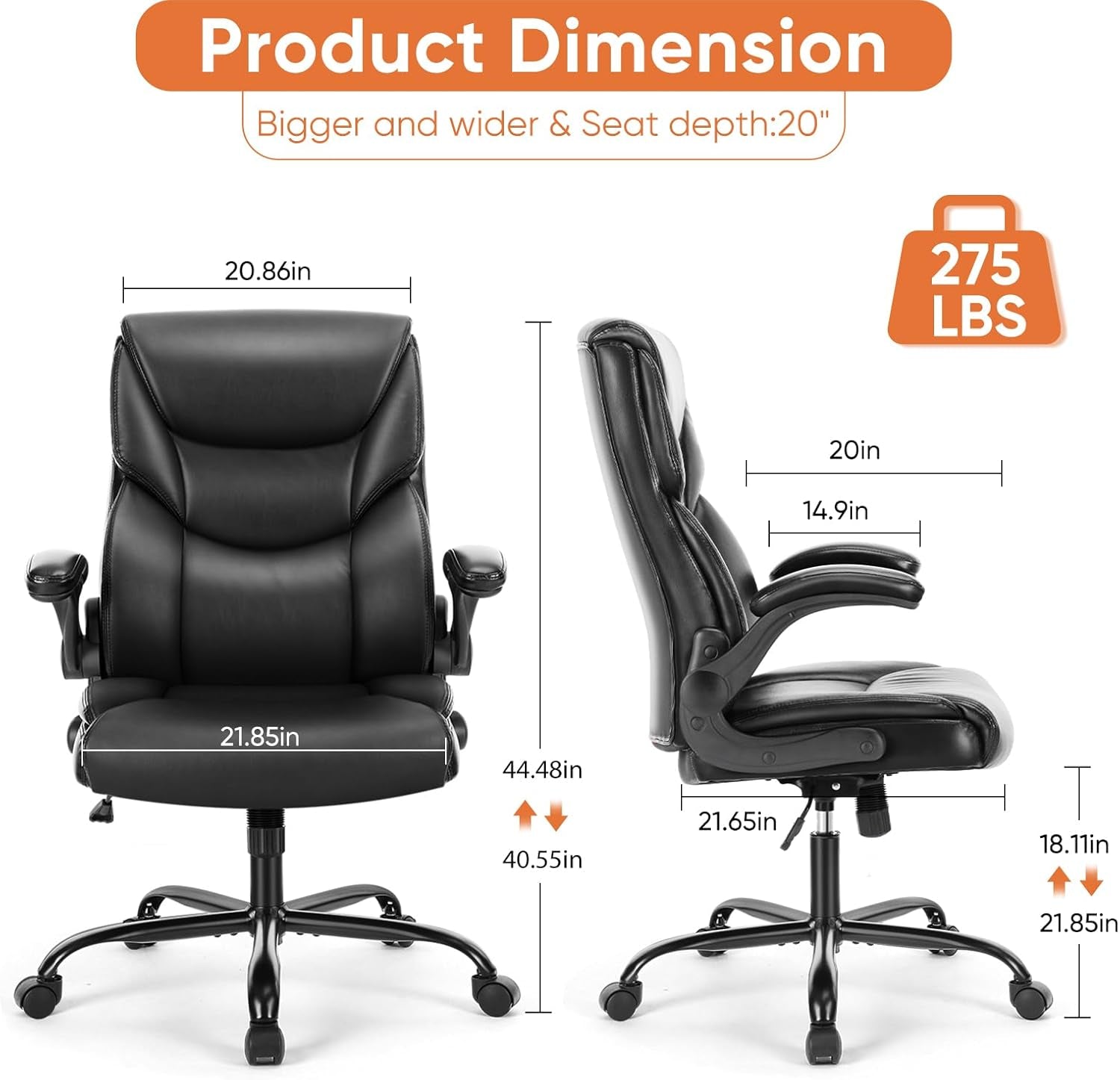 Computer Gaming Chair, Ergonomic Office Chair Heavy Duty Task Desk Chair with Flip-Up Arms, PU Leather, Adjustable Swivel Rolling Chair with Wheels, Black-2