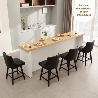 Counter Height Bar Stools Set of 4, 26" Swivel Bar Stools with Backs and Solid Wood Legs, Mid Century Morden Faux Leather Upholstered Barstools for Kitchen Island, Home Bar, Black-4