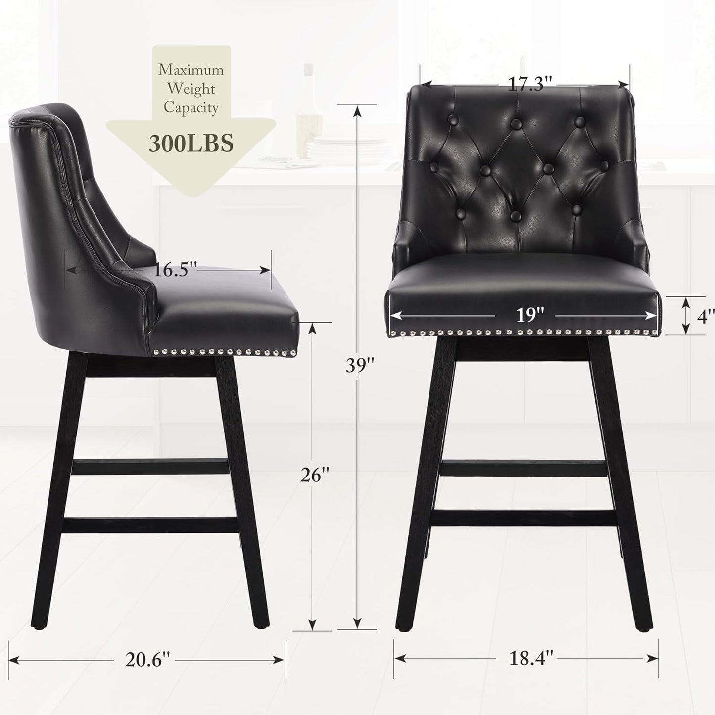 Counter Height Bar Stools Set of 4, 26" Swivel Bar Stools with Backs and Solid Wood Legs, Mid Century Morden Faux Leather Upholstered Barstools for Kitchen Island, Home Bar, Black-1