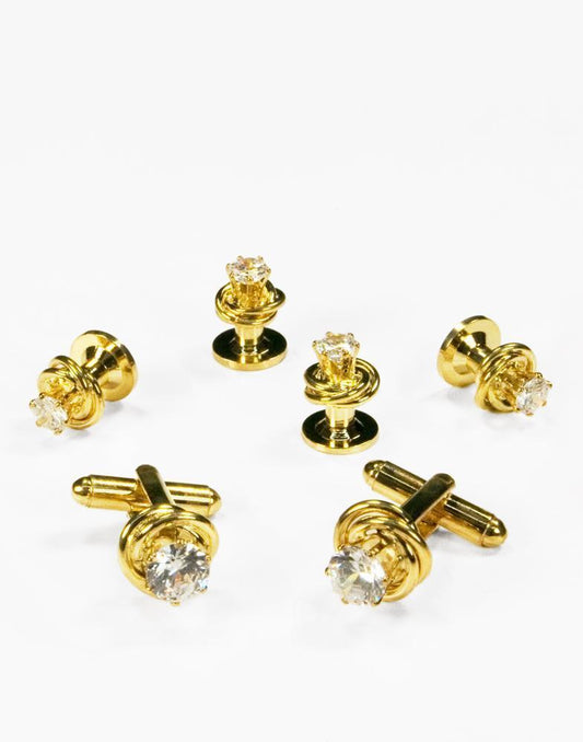 Crystal in Gold or Silver Loveknot Studs and Cufflinks Set-0