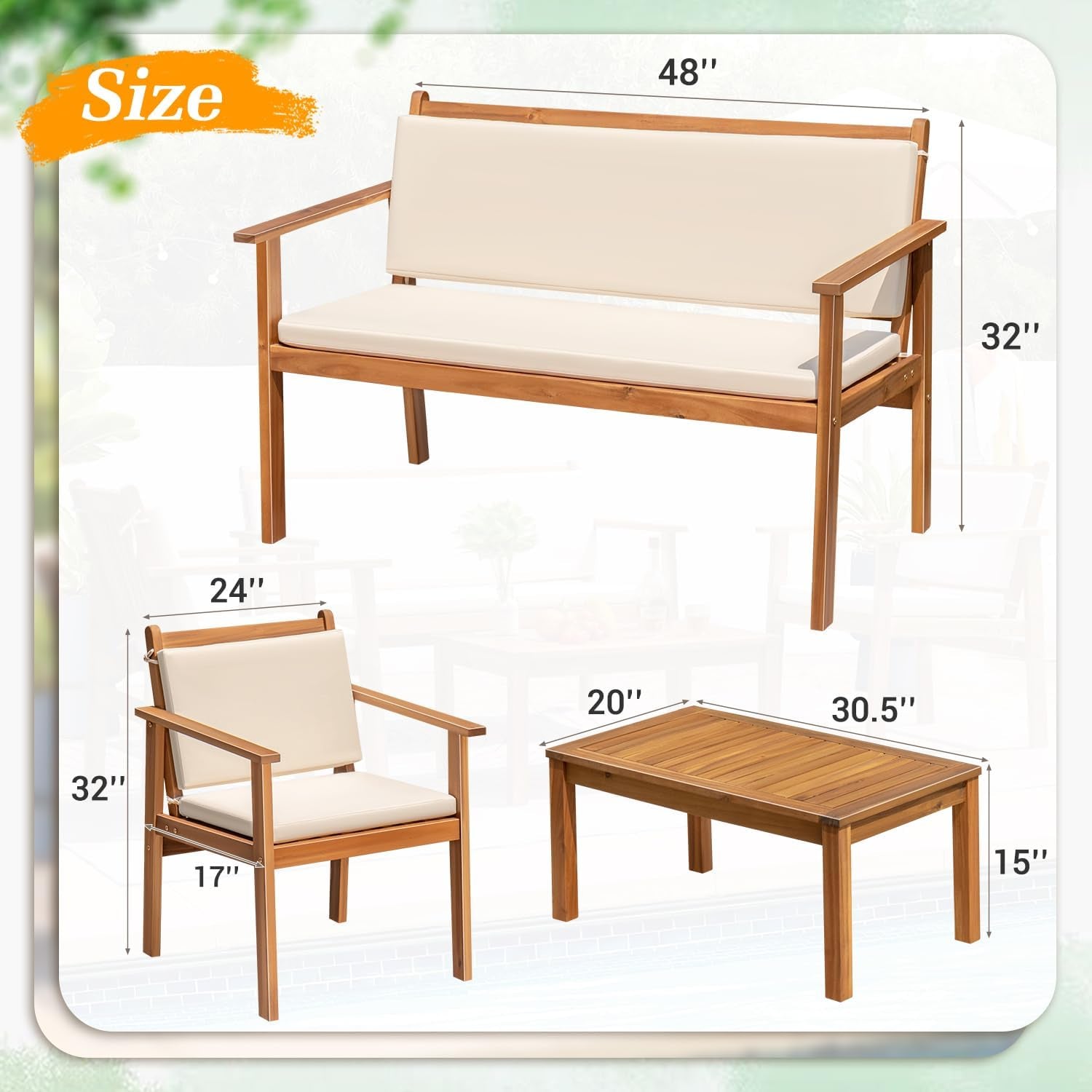 Outdoor Patio Furniture, 4 Piece Bistro Sofa Set with Coffee Table and Loveseat, Acacia Wood Conversation Sets with Cushions, for Garden, Backyard, Poolside, White-4