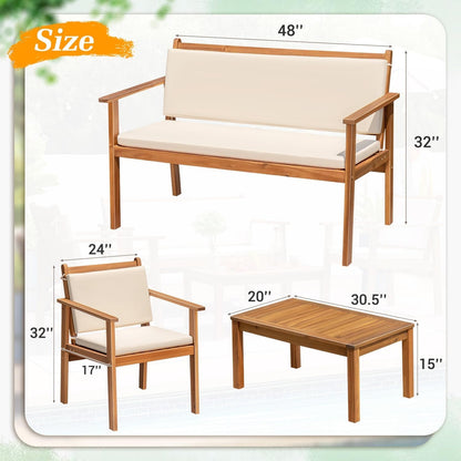 Outdoor Patio Furniture, 4 Piece Bistro Sofa Set with Coffee Table and Loveseat, Acacia Wood Conversation Sets with Cushions, for Garden, Backyard, Poolside, White-4