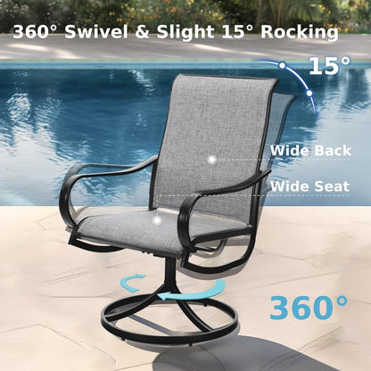 Patio Dining Set for 4, All Weather Outdoor Furniture Set with 4 Sling Swivel Chairs, 1 Square Metal Table, Light Grey Fabric-3